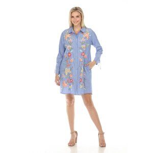 Johnny Was Stripe Camella Tunic Dress Womens Sz M Ruched Sleeve Boho Embroidered